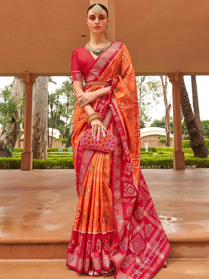 Orange And Red Woven Patola Silk Saree - VJV Now