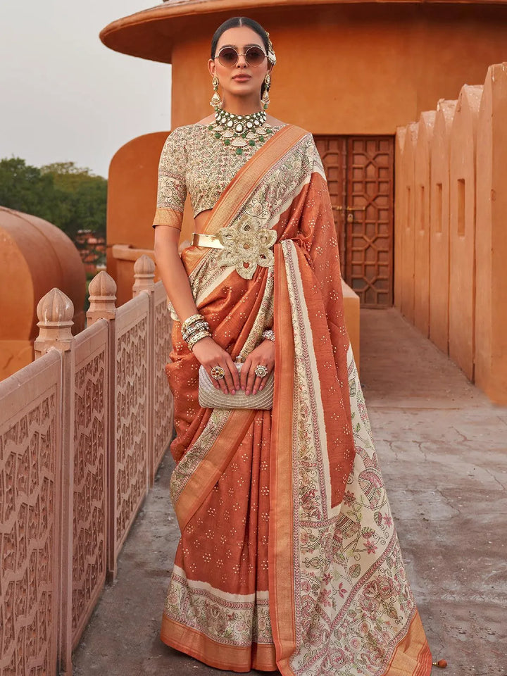 Orange Color Printed Classic Silk Saree - VJV Now