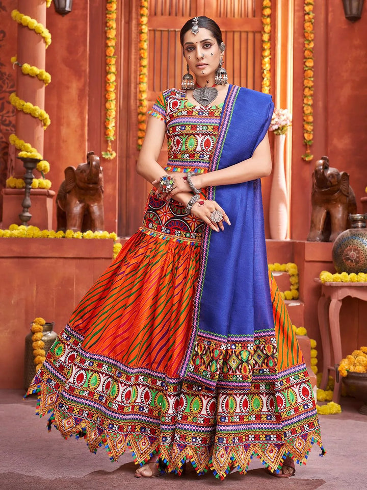 Orange Cotton Mirror Work Navratri Lehenga Choli - VJV Now