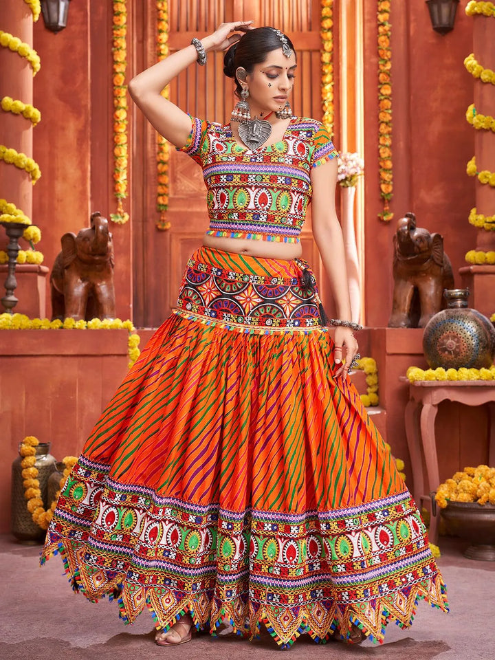 Orange Cotton Mirror Work Navratri Lehenga Choli - VJV Now