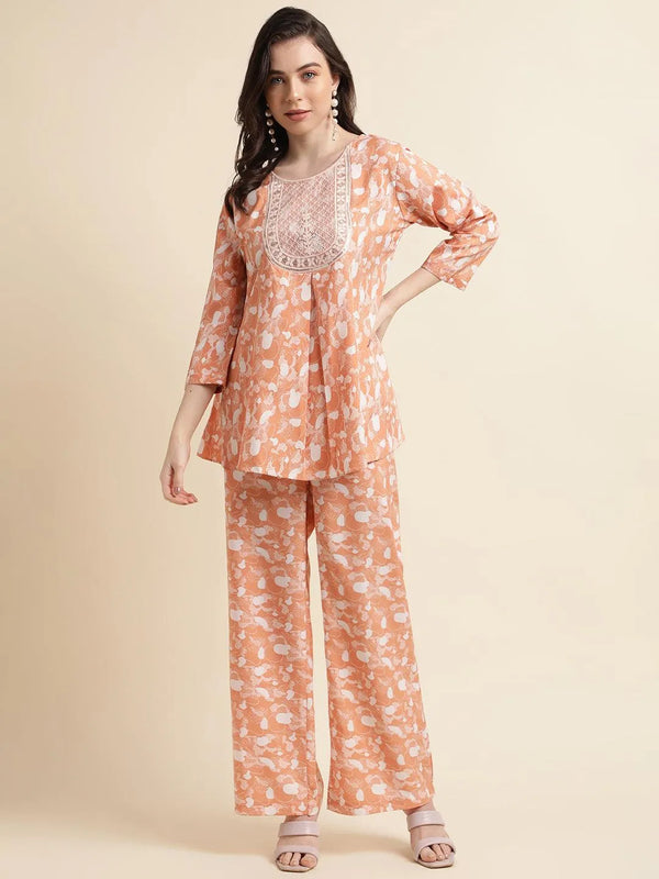 Orange Poly Crepe Digital Printed Top with Matching Bottom - VJV Now