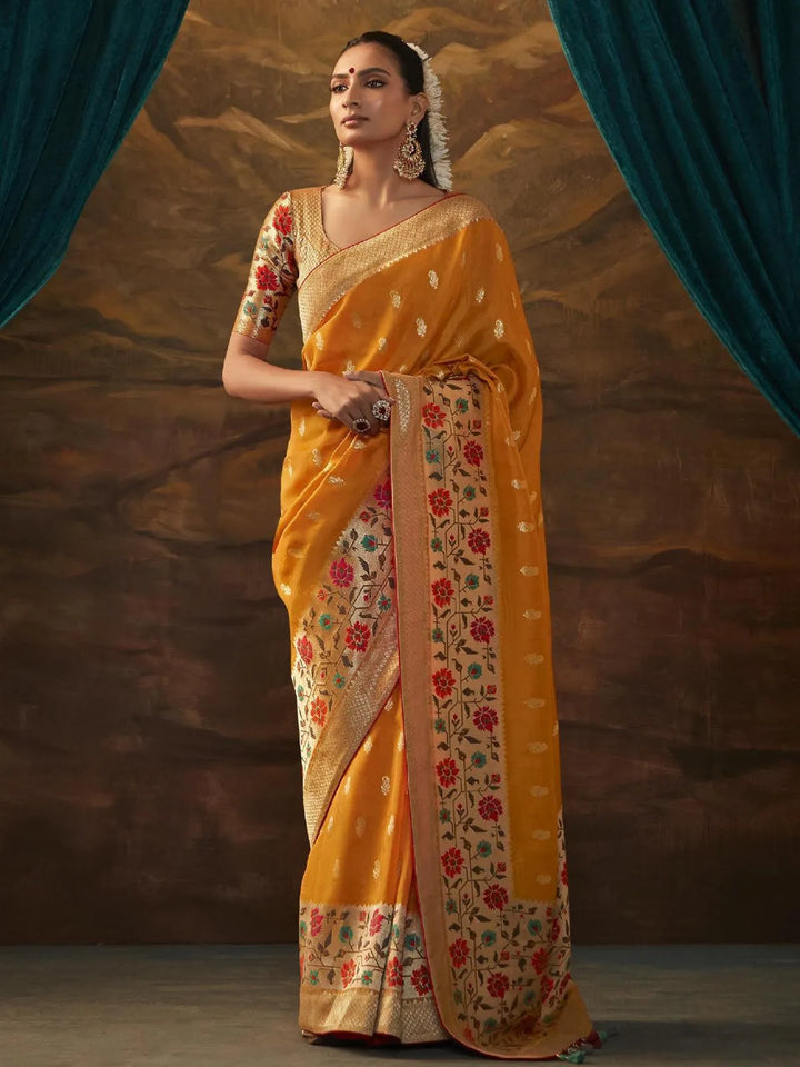 Orange Woven Dola Silk Zari Work Saree Party Wear - VJV Now