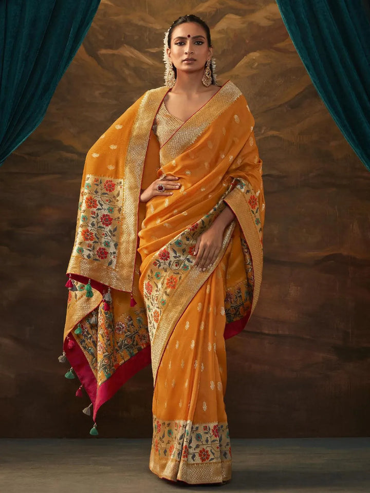 Orange Woven Dola Silk Zari Work Saree Party Wear - VJV Now