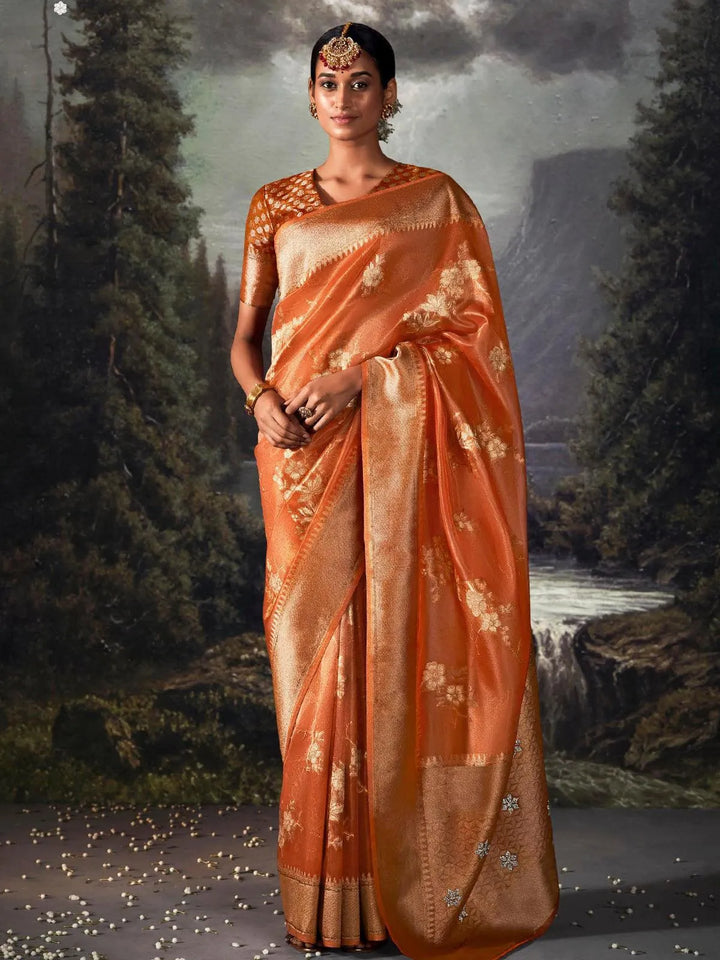 Orange Zari Weaving Banarasi Organza Silk Saree - VJV Now