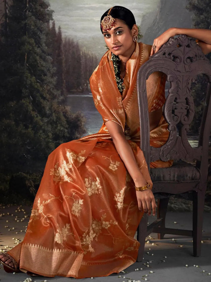 Orange Zari Weaving Banarasi Organza Silk Saree - VJV Now