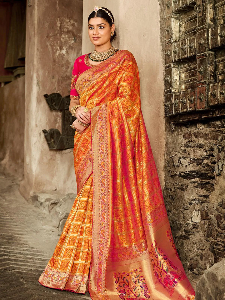 Orange Zari Work Banarasi Silk Saree - VJV Now