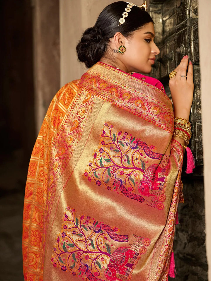 Orange Zari Work Banarasi Silk Saree - VJV Now