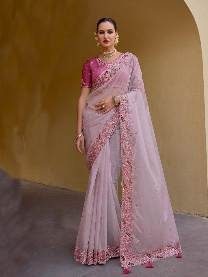 Pale Lavender Organza Sequin Saree with Onion Pink Blouse - VJV Now