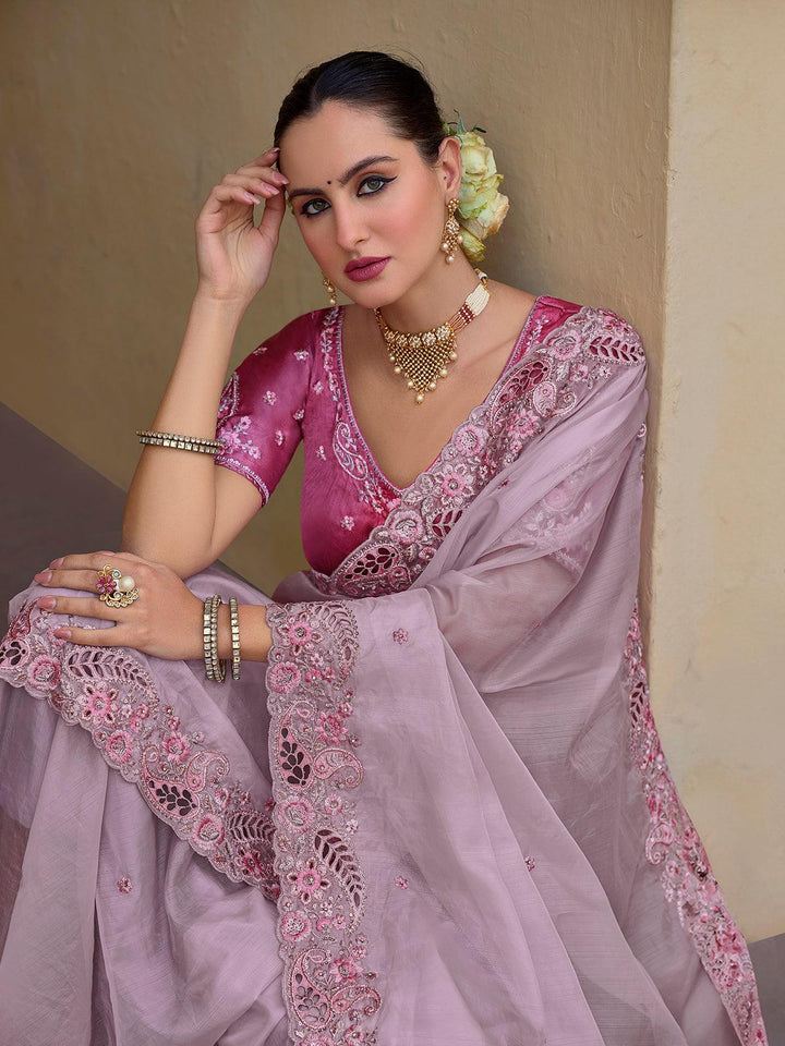 Pale Lavender Organza Sequin Saree with Onion Pink Blouse - VJV Now