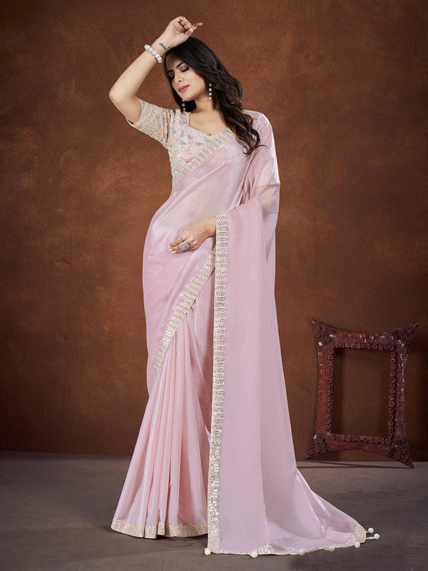 Pale Pink Crepe Satin Silk Sequins Embroidery party wear Saree - VJV Now