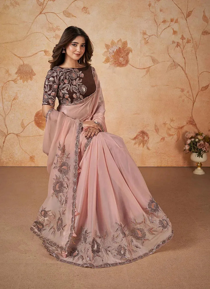 Pale Pink Sequin Satin Silk Party wear Saree - VJV Now