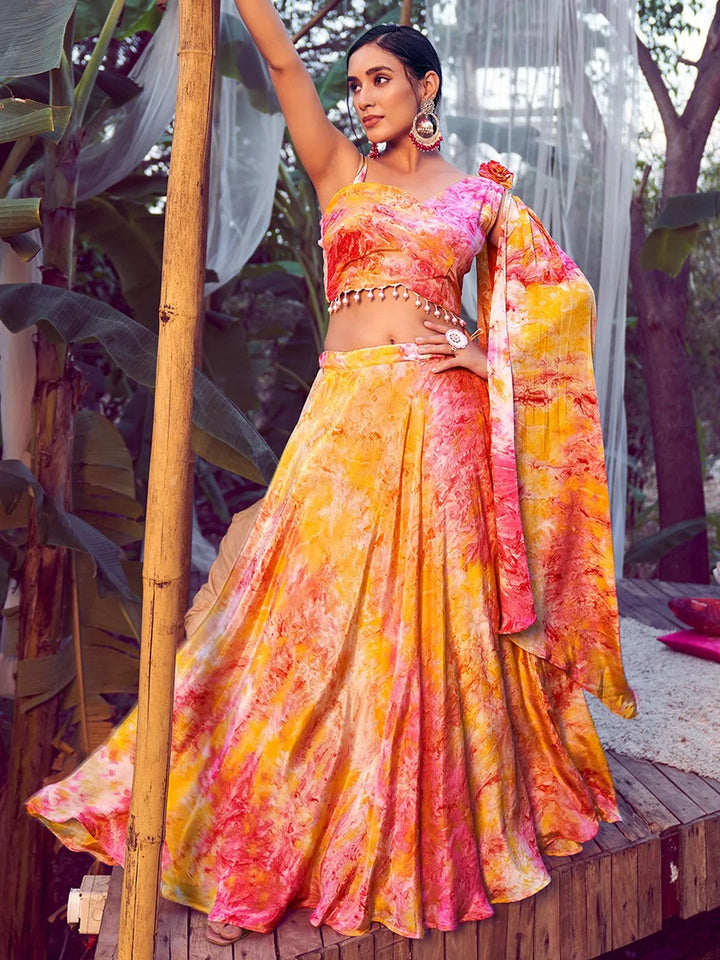 Party Wear A Line Lehenga Orange Satin Silk Digital Printed Work - VJV Now