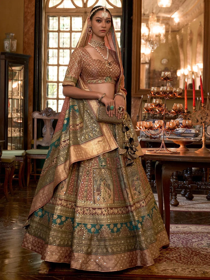 Party Wear Beige Art Silk Sequins Embroidered Umbrella Lehenga - VJV Now