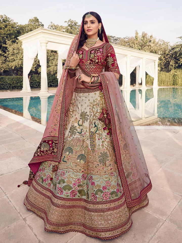 Party Wear Beige Color Heavy Embroidered Work Umbrella Lehenga Choli - VJV Now