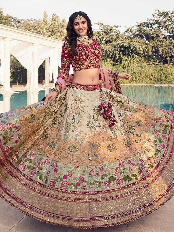 Party Wear Beige Color Heavy Embroidered Work Umbrella Lehenga Choli - VJV Now