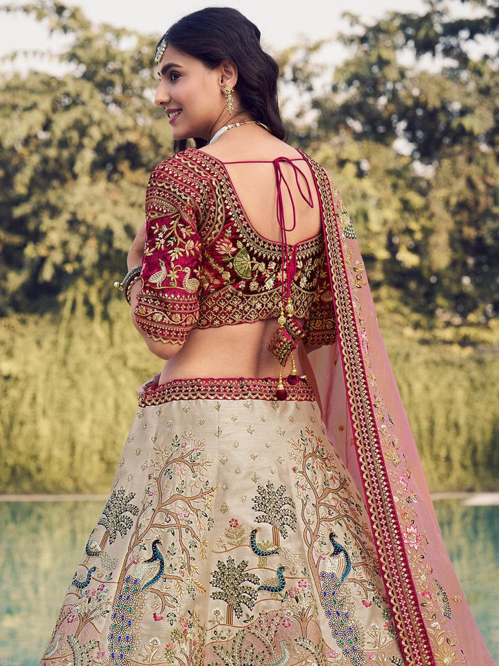 Party Wear Beige Color Heavy Embroidered Work Umbrella Lehenga Choli - VJV Now