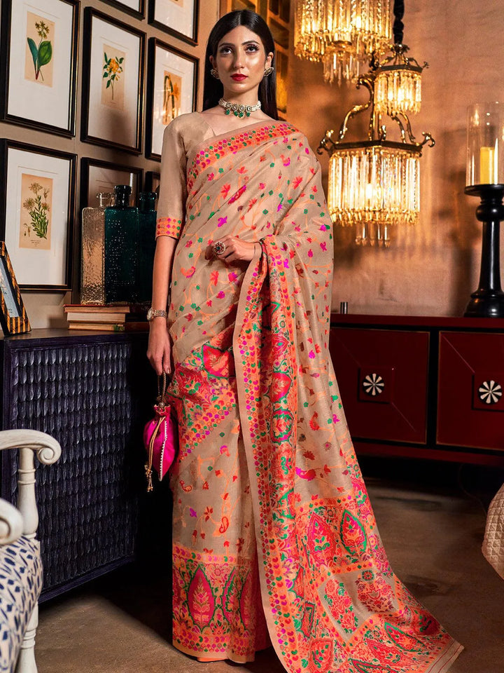 Party Wear Beige Woven Banarasi Silk Saree - VJV Now