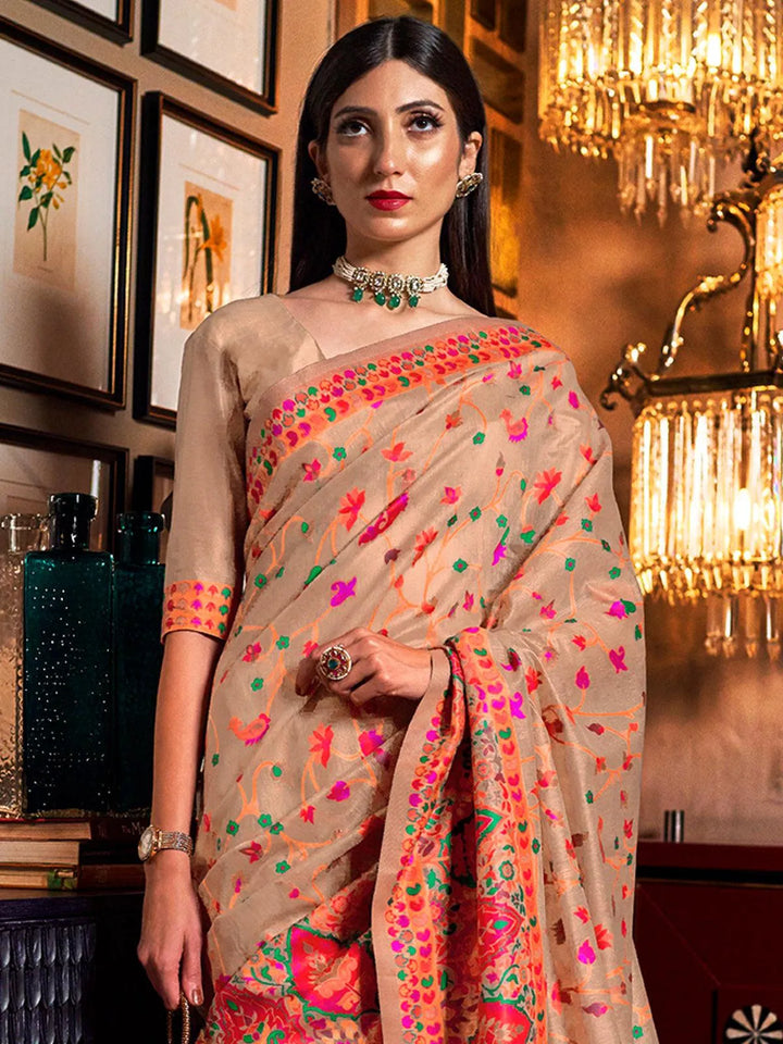 Party Wear Beige Woven Banarasi Silk Saree - VJV Now