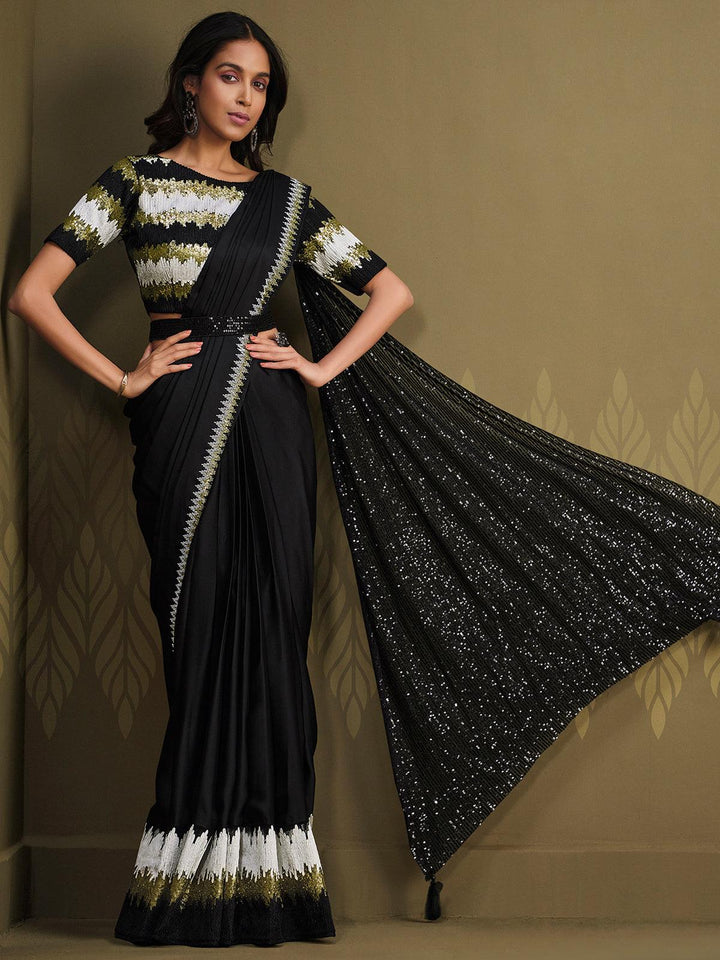 Party Wear Black Crepe Silk Sequins Embroidered Work Saree - VJV Now