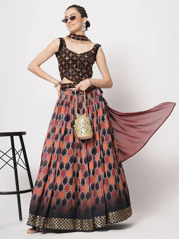 Party Wear Black Georgette Printed Umbrella Lehenga Choli - VJV Now