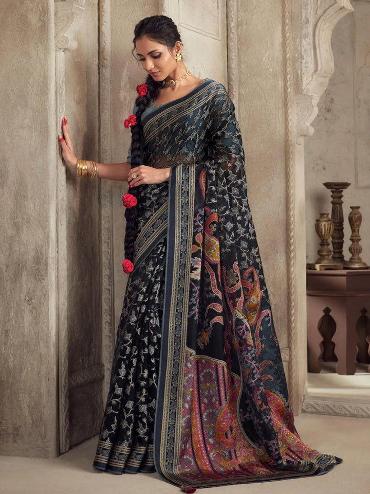 Party Wear Black Printed Soft Brasso Organza Saree - VJV Now