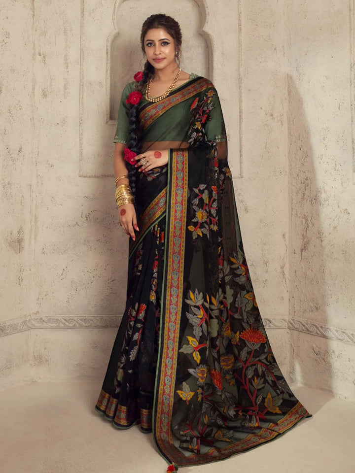 Party Wear Black Soft Brasso Organza Saree - VJV Now