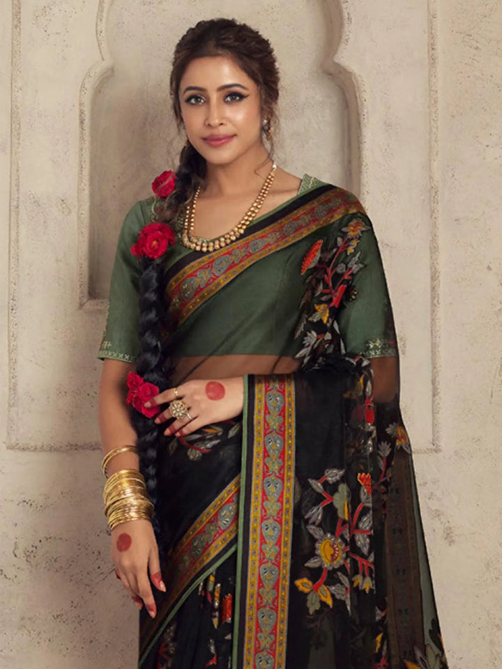 Party Wear Black Soft Brasso Organza Saree - VJV Now