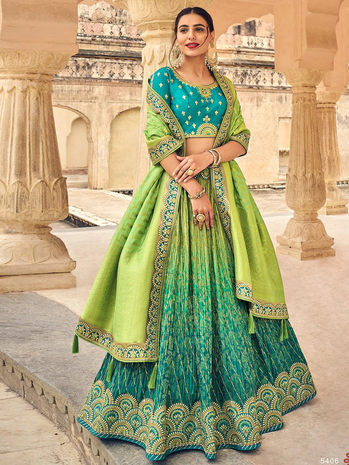 Party Wear Blue And Green Art Silk Sequins Embroidered Umbrella Lehenga - VJV Now