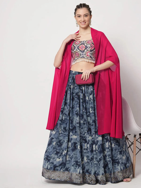 Party Wear Blue Chinon Silk Printed Umbrella Lehenga Choli - VJV Now