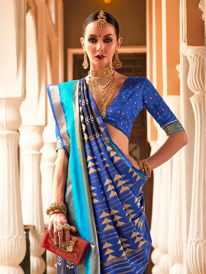 Party Wear Blue Printed Work Silk Saree - VJV Now