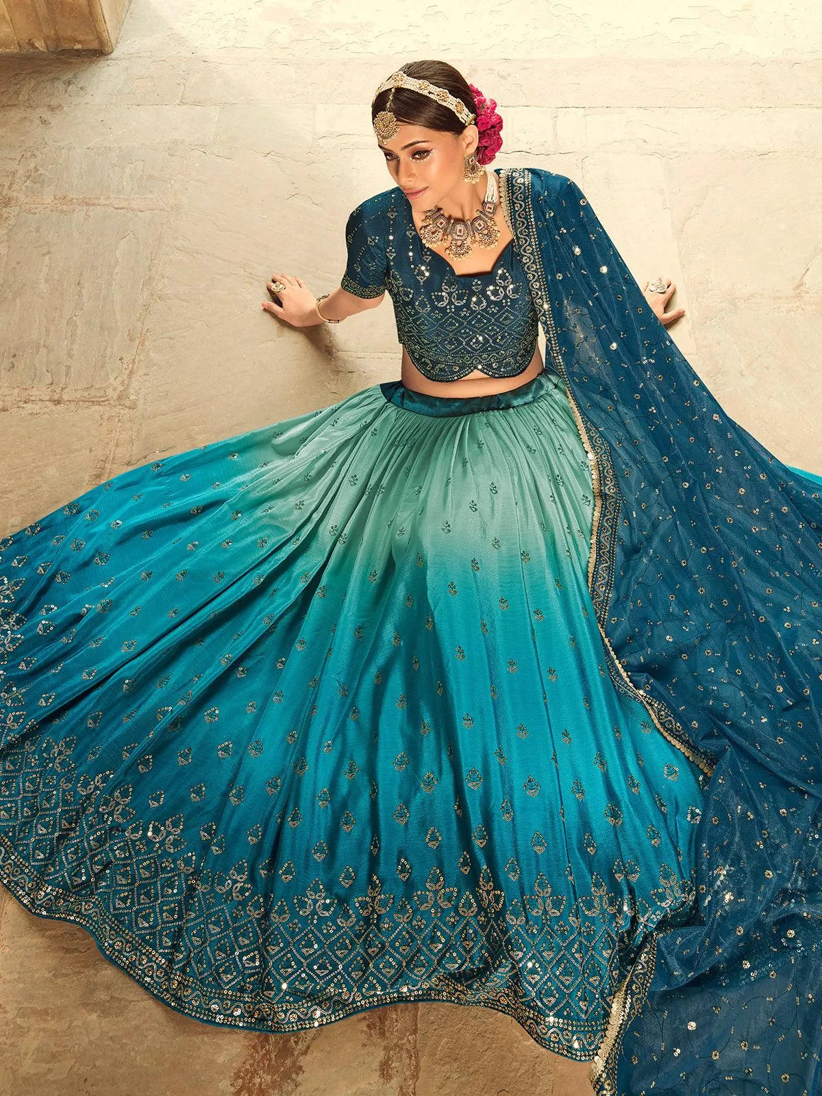 Party Wear Blue Color Taffeta Silk Lehenga Choli | Ethnicroop