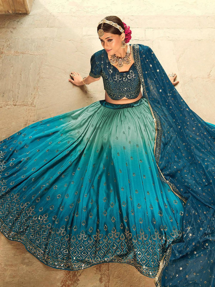 Party Wear Blue To Teal Blue Multi Color Sequince Embroidered Lehenga Choli - VJV Now