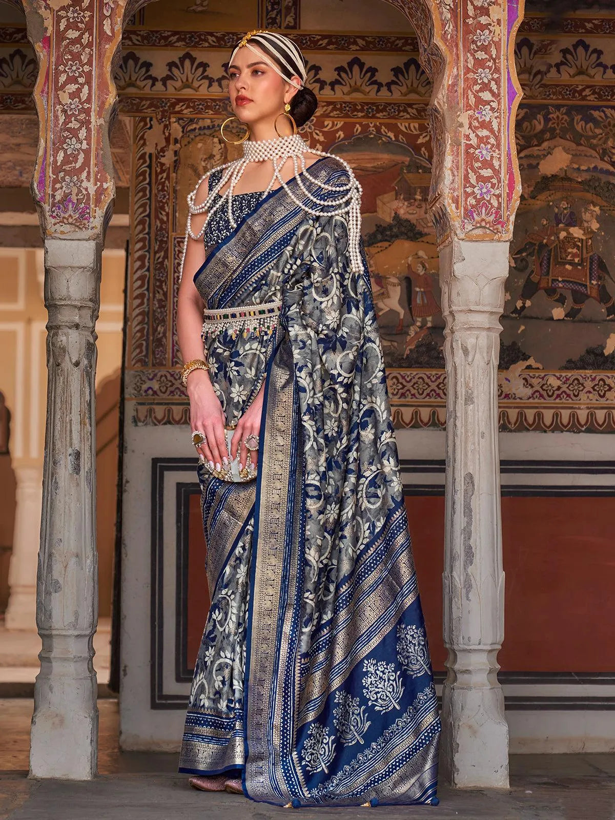 Bismark Blue and Pink Woven Patola Silk Saree – MySilkLove