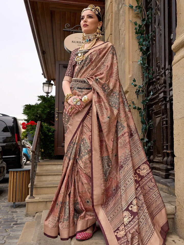 Party Wear Brown Color Zari Work Silk Classic Saree - VJV Now