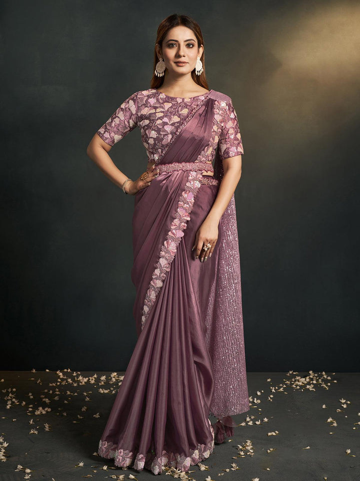 Party Wear Brown Heavy Sequins Embroidered Work Saree - VJV Now
