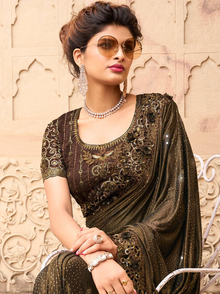 Party Wear Brown Imported Fabric Saree With Crystal, Mirror & Sequins Flower Applic Work - VJV Now