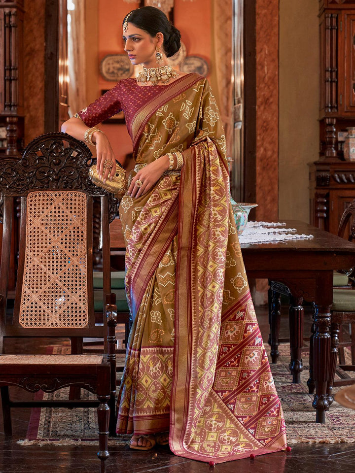 Party Wear Brown Rust Woven Patola Silk Saree - VJV Now