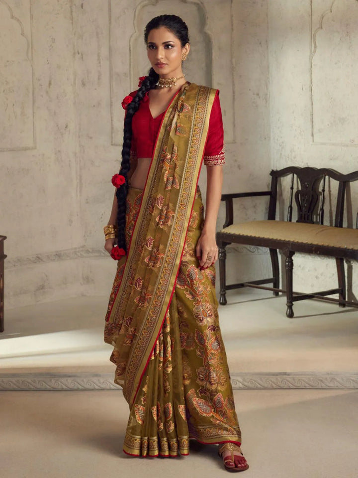 Party Wear Brown Soft Brasso Organza Saree - VJV Now