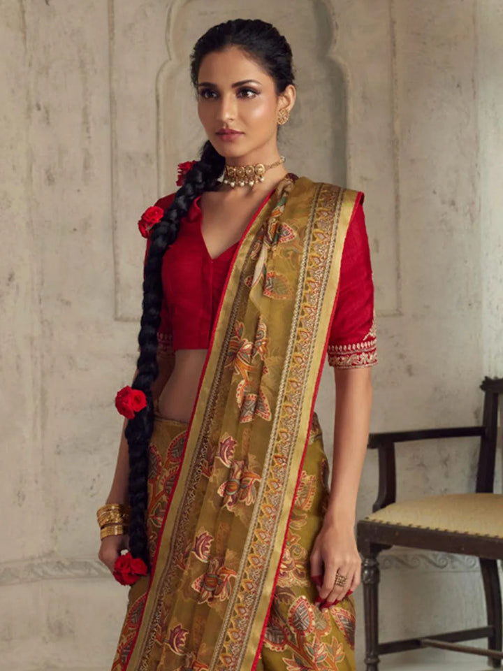 Party Wear Brown Soft Brasso Organza Saree - VJV Now