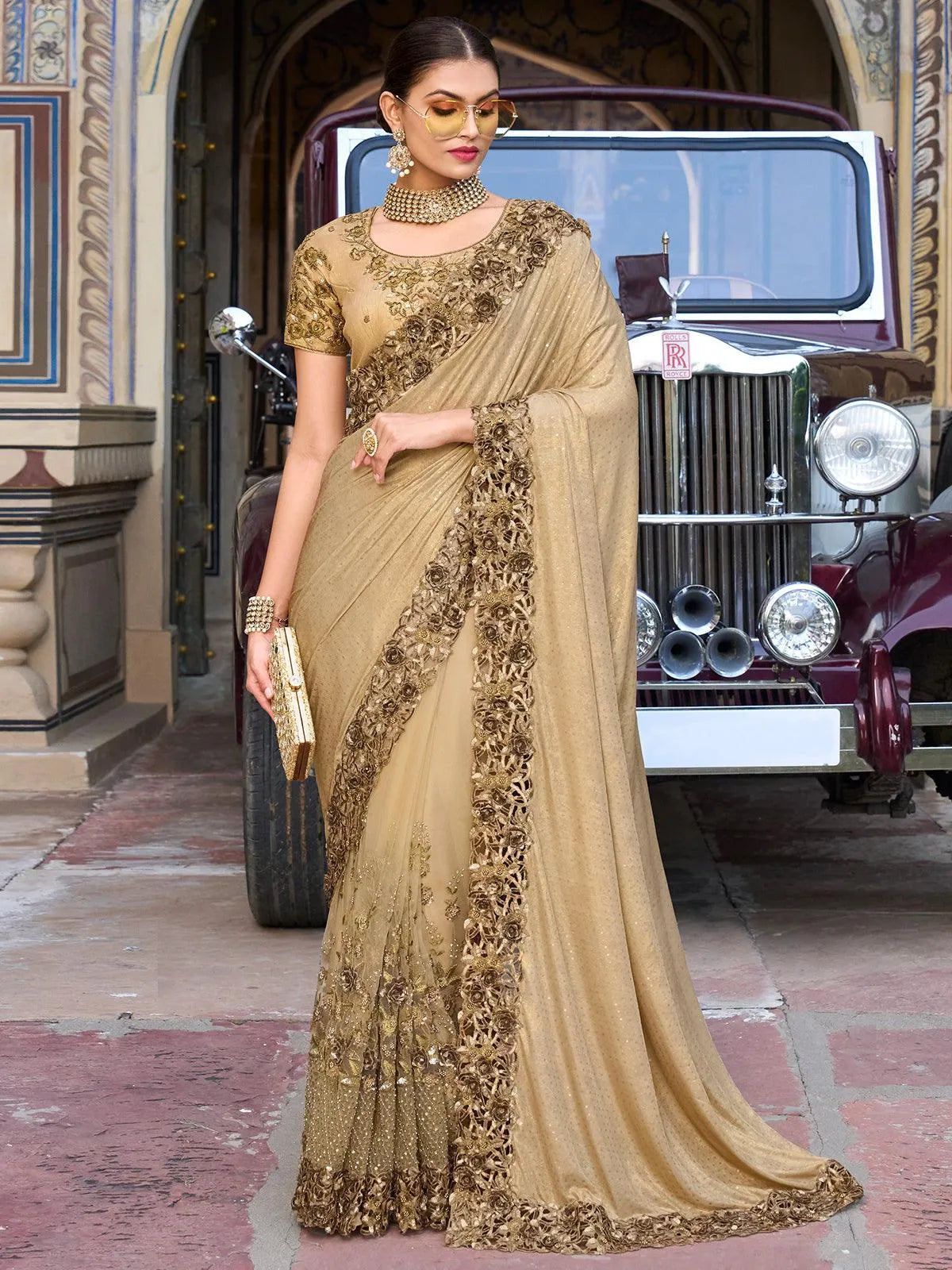 Chiku Color Organza Embroidered Cut Work Saree