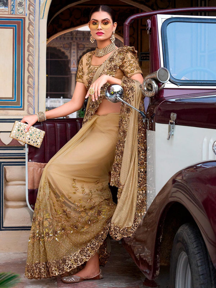 Party Wear Chiku Imported Fabric Saree With Crystal, Mirror & Sequins Heavy Work - VJV Now