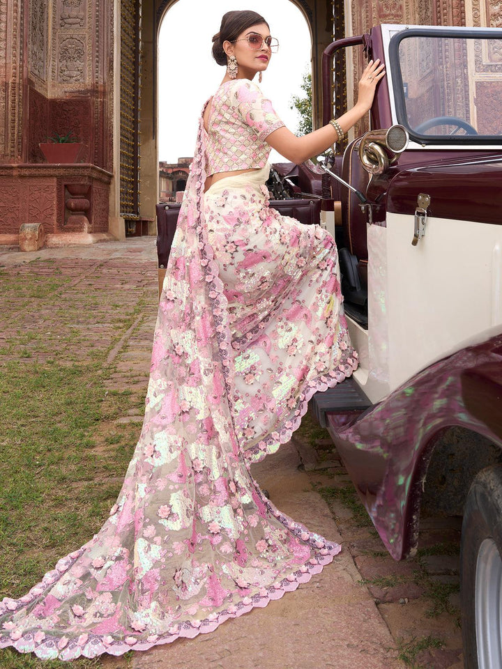 Party Wear Cream N Pink Digital Net Saree With Sequins & Flower Applic Work - VJV Now