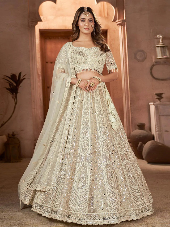 Party Wear Cream Net Embroidered With Sequins Work Umbrella Lehenga Choli - VJV Now