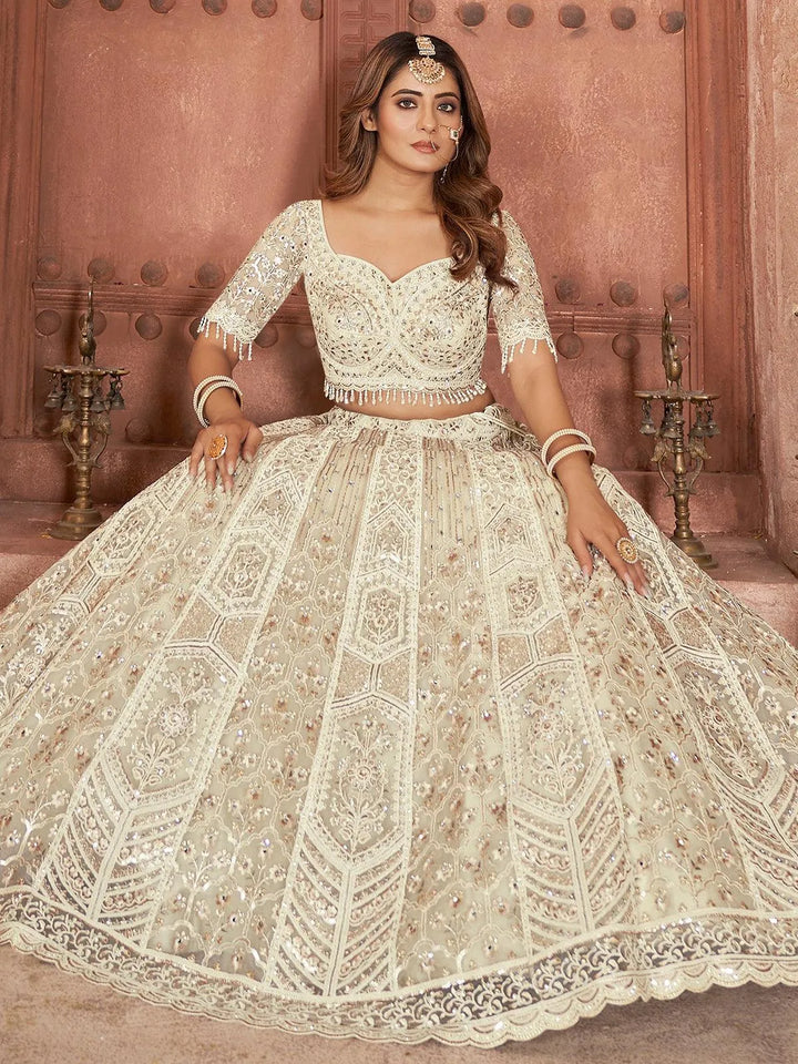 Party Wear Cream Net Embroidered With Sequins Work Umbrella Lehenga Choli - VJV Now