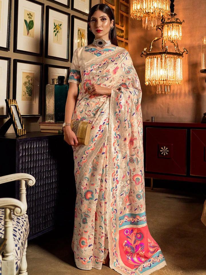 Party Wear Cream Woven Banarasi Silk Saree - VJV Now