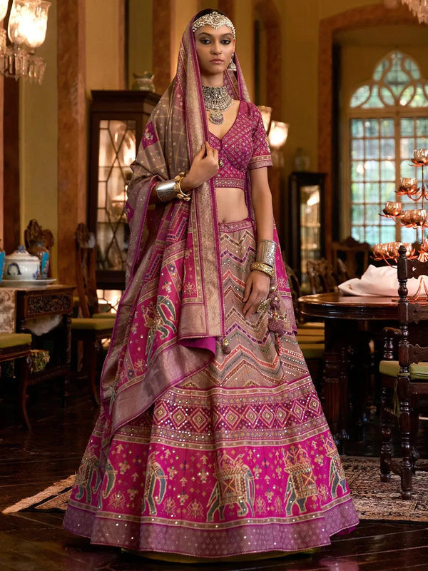 Party Wear Deep Pink Art Silk Sequins Embroidered Umbrella Lehenga - VJV Now