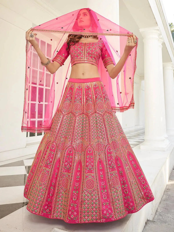 Party Wear Deep Pink Soft Art Silk Embroidered Umbrella Lehenga - VJV Now