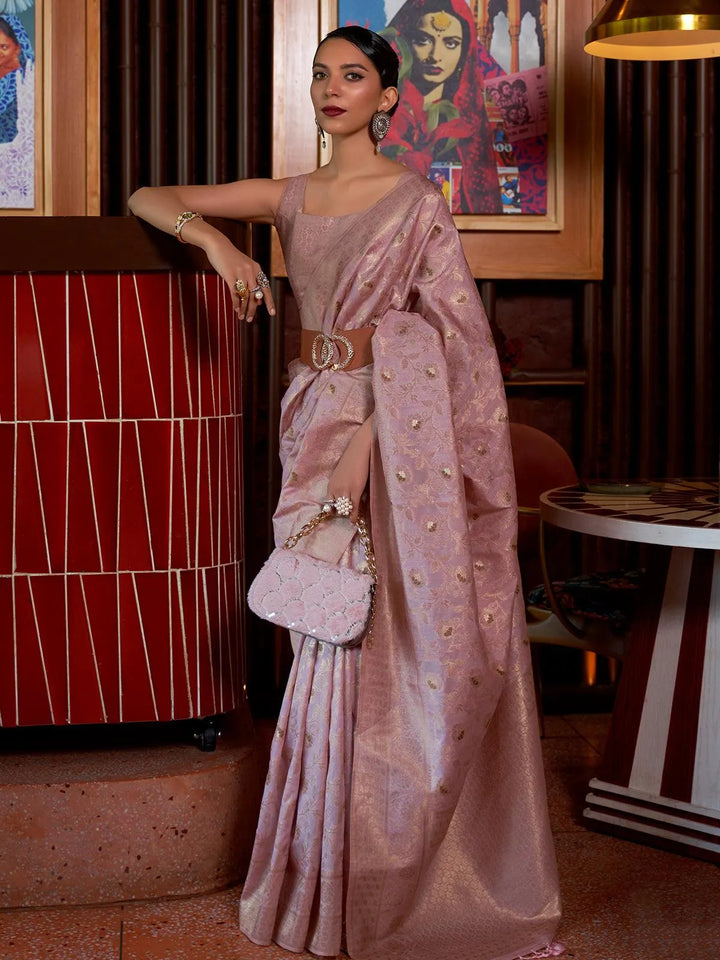 Party Wear Dusty Pink Woven Tussar Soft Silk Saree - VJV Now