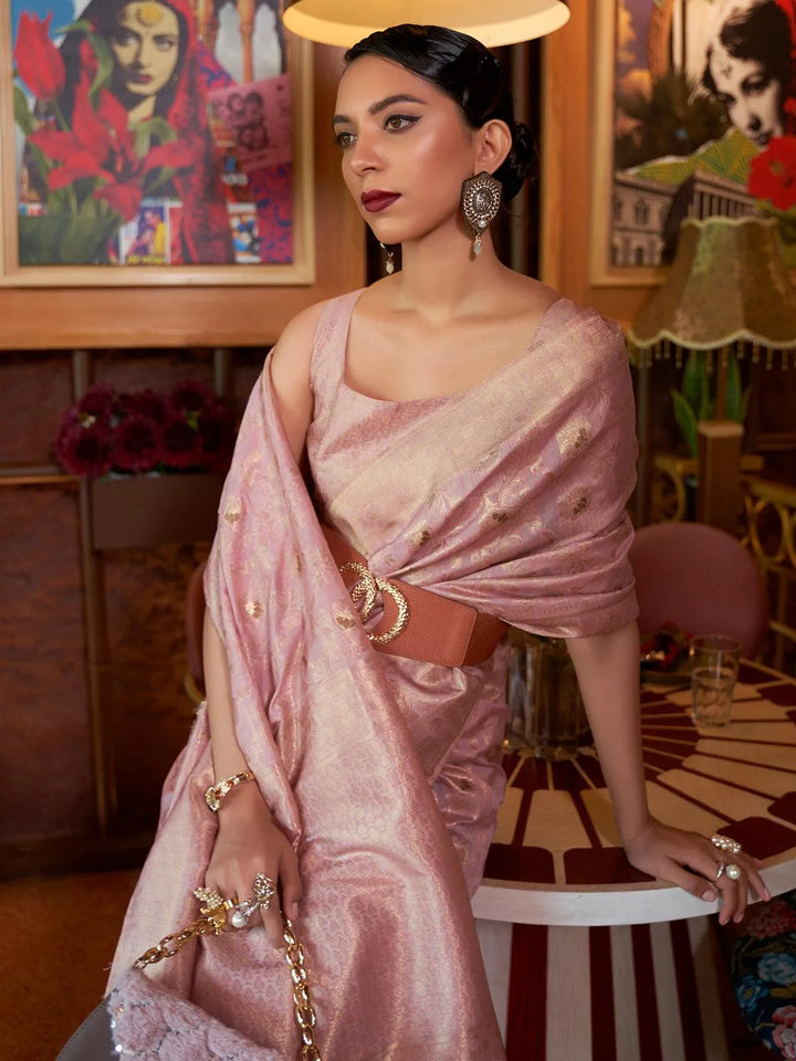 Party Wear Dusty Pink Woven Tussar Soft Silk Saree - VJV Now