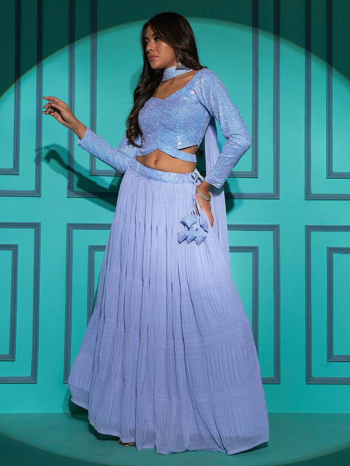 Party Wear Dusty Sky Blue Georgette Embroidered N Sequins Umbrella Lehenga Choli - VJV Now